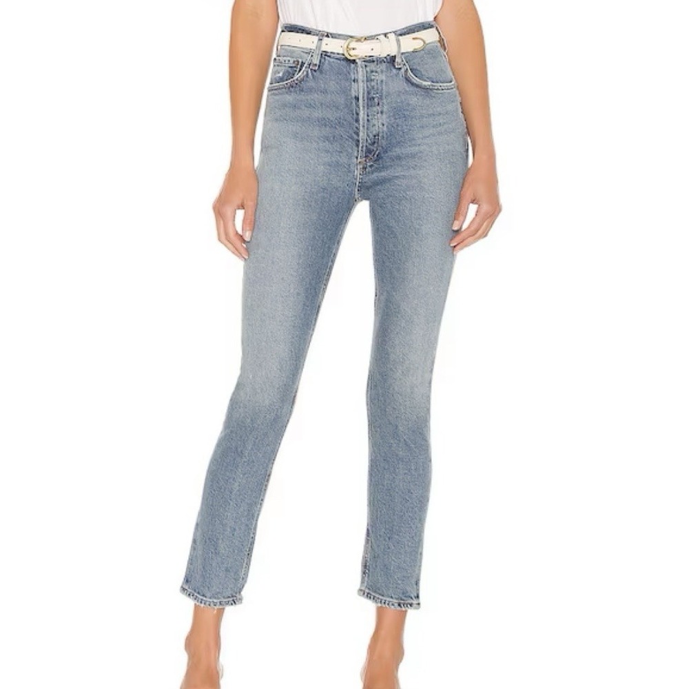 AGOLDE Nico High Rise Slim Straight Jeans Women 25 Distressed Raw Hem Blue Denim